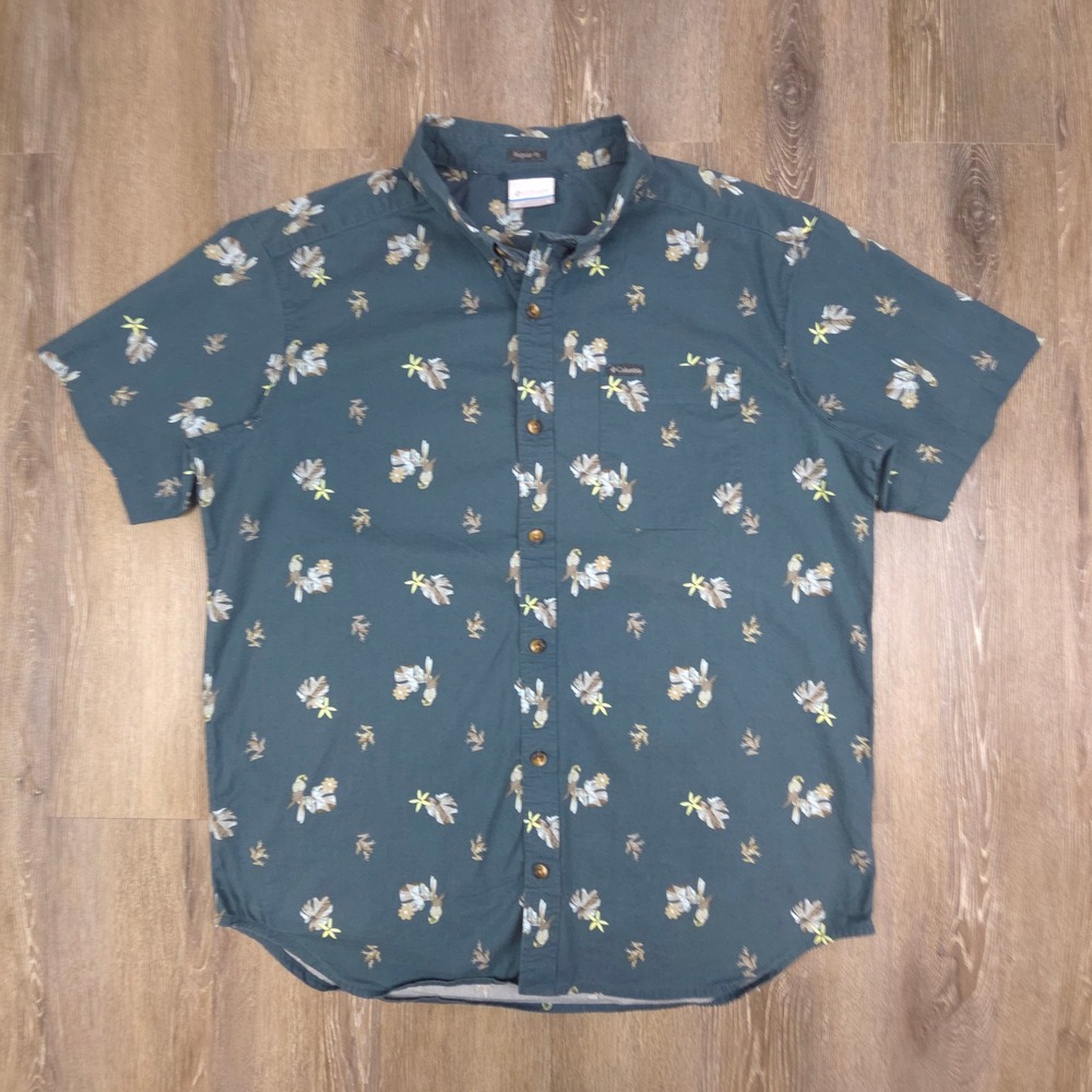 Columbia Mens Button Down Shirt Bird Frog Floral Print Teal Green Large